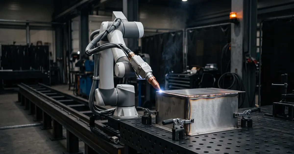 Collaborative robot on a linear track laser-welding a stainless-steel box on a perforated welding table