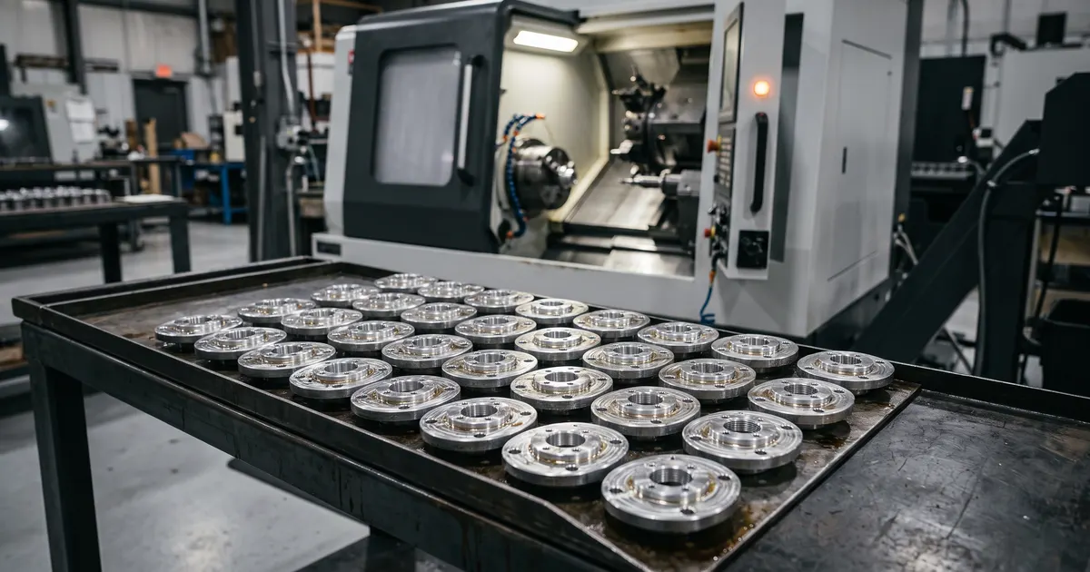 Série stejných obrobených kovových přírub na tácu před soustružnicko-frézovacím centrem CNC