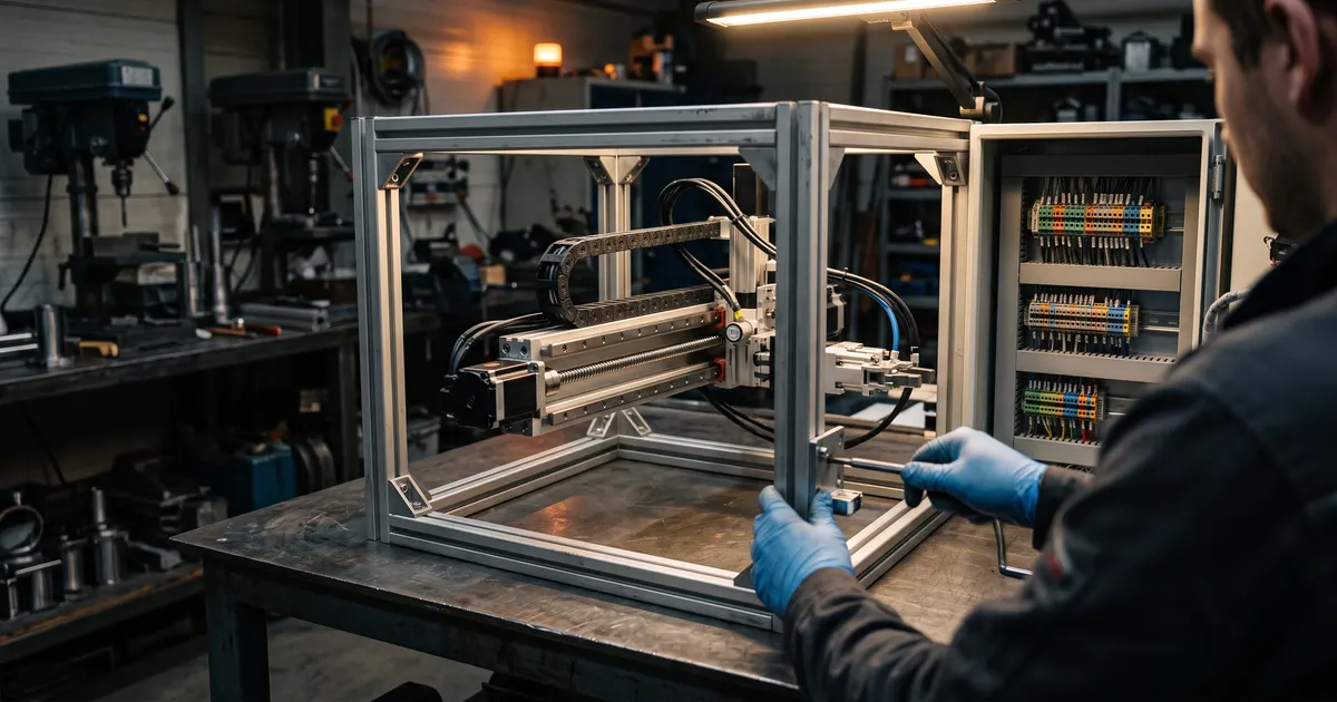 Engineer assembling a custom automation machine: aluminium profile frame, linear axis, cable chains, open control cabinet